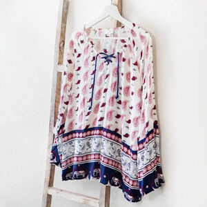 WRANGLER PEASANT BLOUSE SZ M RED WHITE BLUE PAISLEY FLORAL TIE & TASSELS BOHO